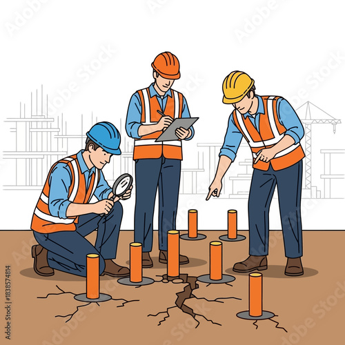 Construction workers inspecting cracked ground with measuring tools.
