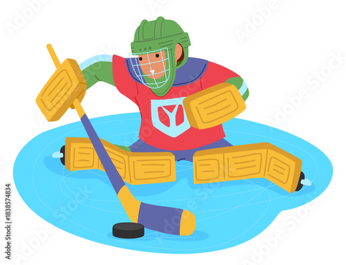 Boy child hockey goalkeeper cartoon character in full gear skillfully blocking puck defending net