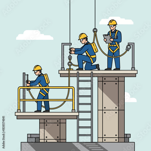 Construction workers performing tasks at height on industrial platform.