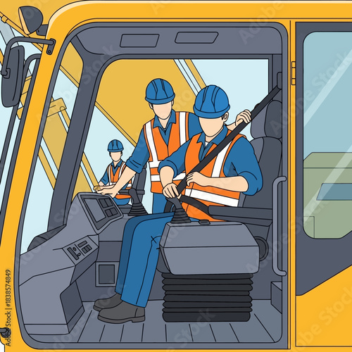 Construction workers operating heavy machinery on site.