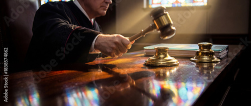 Judge holds gavel in courtroom during a legal proceeding on a weekday