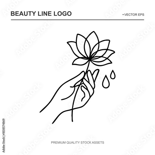 A scalable vector symbol representing purity and wellness. A continuous line drawing of a graceful hand holding a blooming lotus flower with falling water droplets. Ideal for editable logos for yoga
