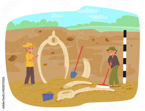 Little children playing archaeologists and paleontologists engaged in history imaginative discovery