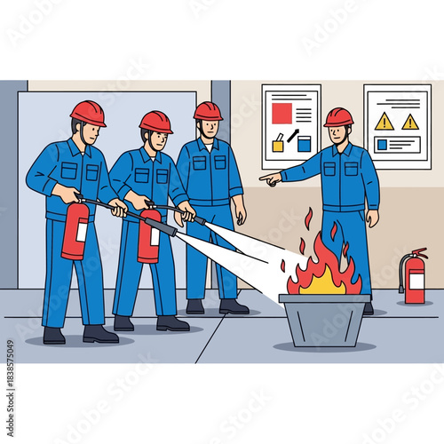 Firefighters training to extinguish a fire with extinguishers.