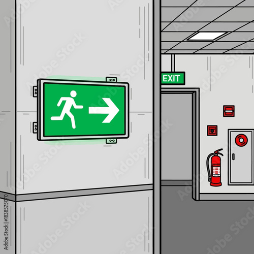 Green Exit Sign with Running Man Icon and Arrow.