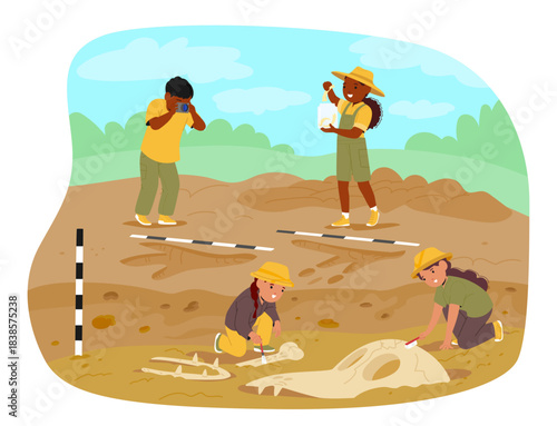 Little boys and girls enthusiastically exploring fossils playing archaeologists and paleontologists