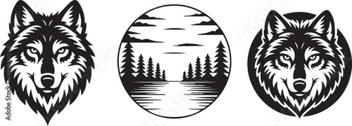 Three different artistic vector illustrations of a wolf head and a nature landscape in a circle