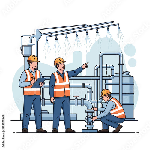 Industrial workers inspecting complex machinery and pipes.