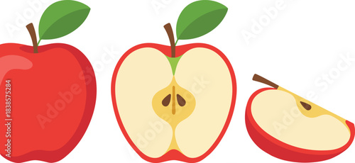 Three illustrations of red apples one whole one sliced and one wedge