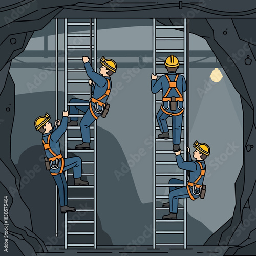 Miners climbing ladders in a dark underground mine.
