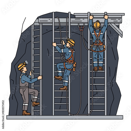 Miners climbing ladders in a mine shaft, wearing safety gear.