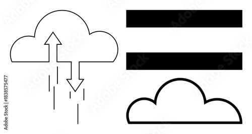 Cloud with vertical arrows for data transfer and parallel bars inside another cloud. Ideal for technology, data exchange, cloud computing, networking, internet, communication, and storage simple flat