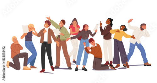 Diverse group of men and women cartoon characters expressively acting role play isolated on white