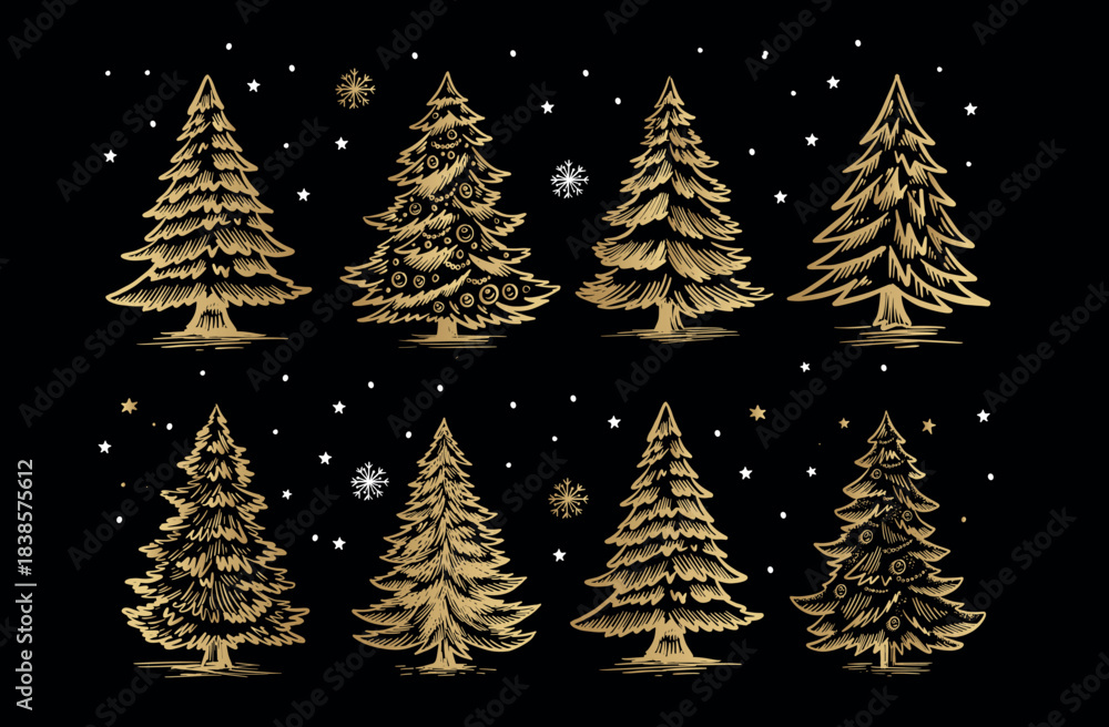 Fototapeta premium Christmas gold tree set on black. Hand drawn illustration. 