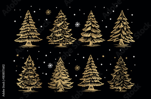 Christmas gold tree set on black. Hand drawn illustration.	
