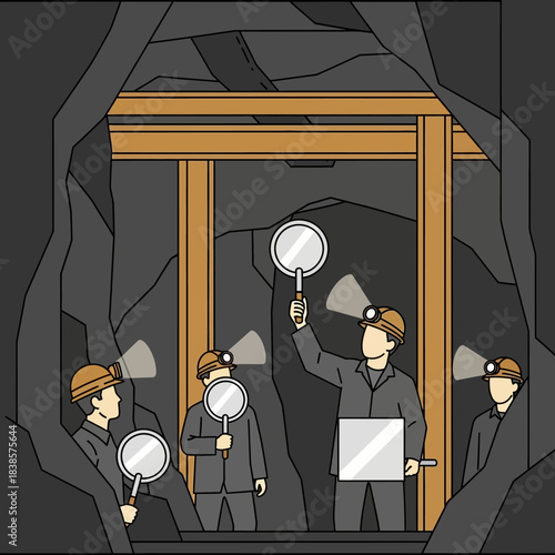 Miners with headlamps and signal mirrors in a dark mine shaft.