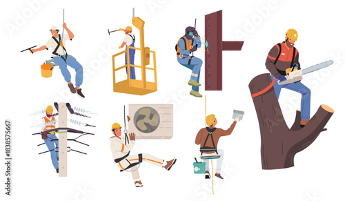 Industrial climbers workers cartoon characters using height safety equipment isolated set on white