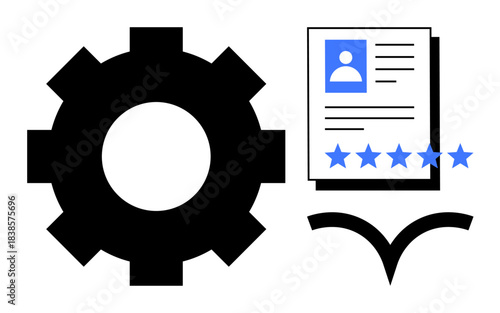 Gear and documents representing workflow efficiency, evaluation, and rating systems. Ideal for business process management, HR, feedback systems, review management, automation, user evaluation