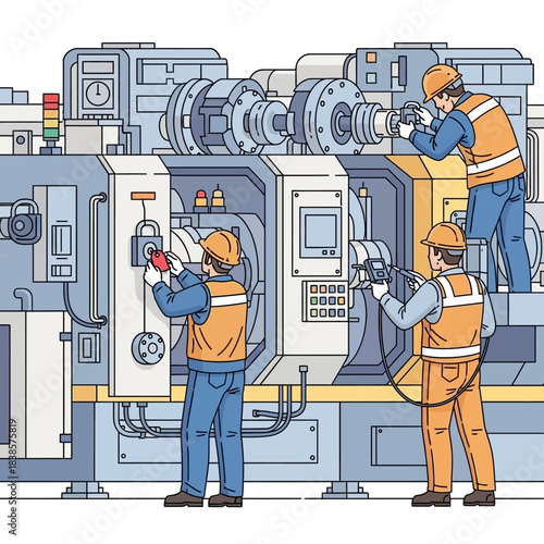 Three Engineers Working on Industrial Machinery.