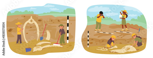 Cute school children playing archaeologists and paleontologists engaging in study and excavation