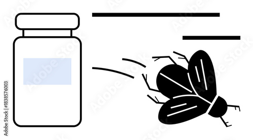 Pest control, extermination, hygiene, sanitation, infestation management, environmental care. A fly near a container with clean lines. Pest control and extermination concept