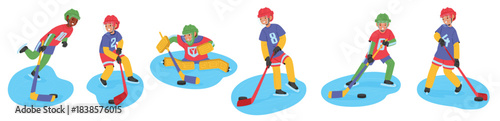 Cute children hockey players cartoon characters in gear playing minor league match isolated set