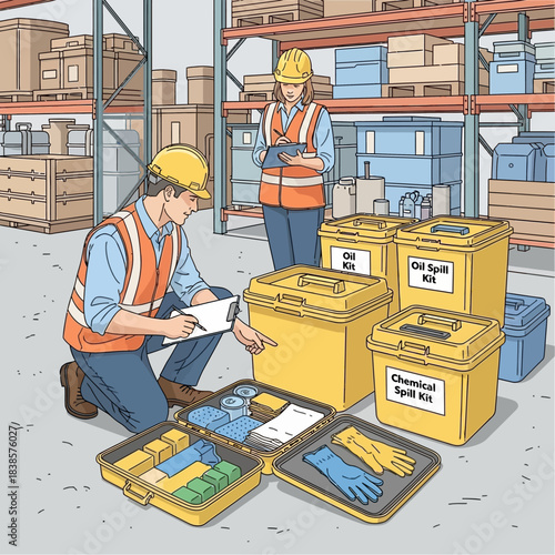 Warehouse workers inspect chemical and oil spill kits for safety.