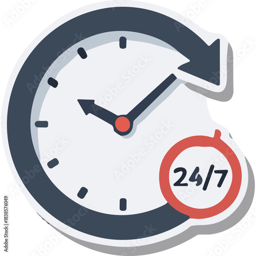 Analog Clock With 24/7 Service Icon In Blue And White Colors With Red Accent Showing Continuous Time Availability
