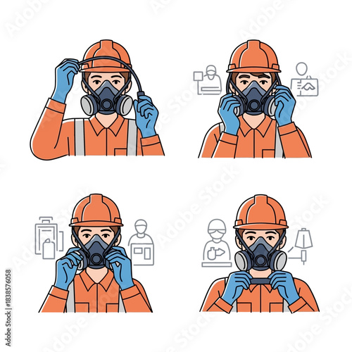 Worker wearing safety mask and hard hat in four stages.