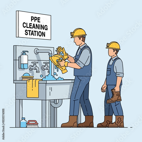 Workers cleaning personal protective equipment at a dedicated station.