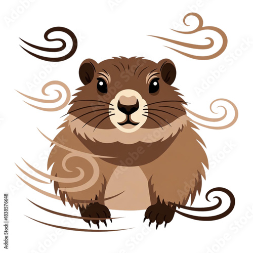 Cute cartoon groundhog with swirling wind elements illustration