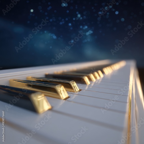 Elegant piano keys with a starry night sky background create a magical musical atmosphere.