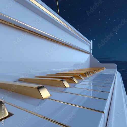 White grand piano with gold keys rests on water under starry sky.