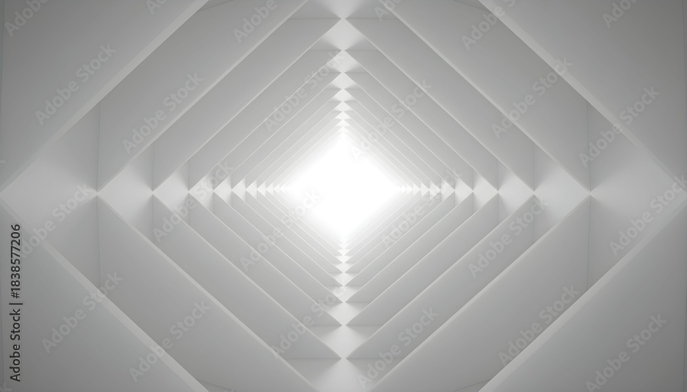 Fototapeta premium Abstract white tunnel perspective with diamond shapes a futuristic architectural background for technology and innovation concepts endless corridor leading to bright light