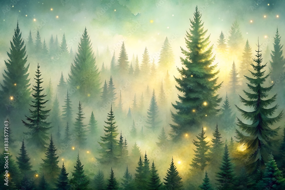 Fototapeta premium Mystical forest landscape with tall evergreen trees bathed in soft morning light