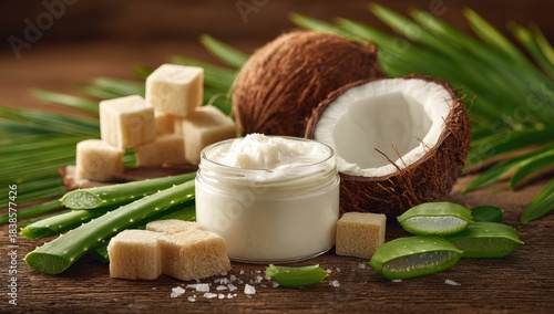 Jar of natural cream with aloe vera and coconut on wood.