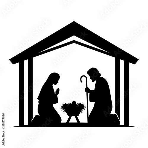 Nativity Scene Silhouette: Mary, Joseph, Baby Jesus in Stable