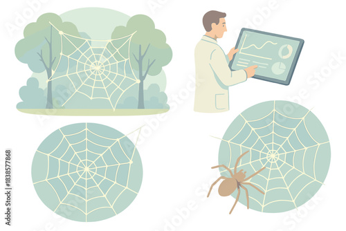 Silk Sensor Symphony. Isometric vector illustration set Atmospheric silk sensors: network of webs measuring air density, glowing