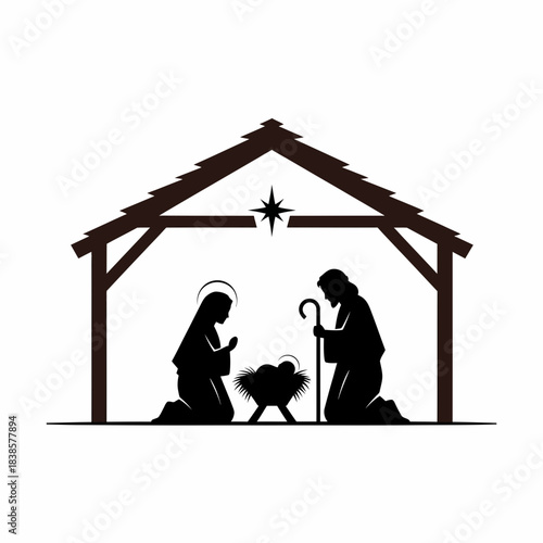 Nativity Scene Silhouette Rustic Stable Entrance Christian Commemorative Graphic Design