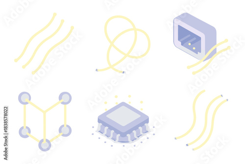 Lightwoven Circuitry. Isometric vector illustration set Lightwoven circuitry: glowing wires, fiber loops, connector ports,