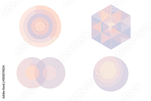 Pastel Geometric Illusions. Isometric vector illustration set Delicate pigment geometry: circular layers, radial gradients, ink