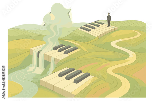Musical Dreamscape. Isometric vector illustration set Musical horizon: piano key rows turning into terraced landscape, cascading