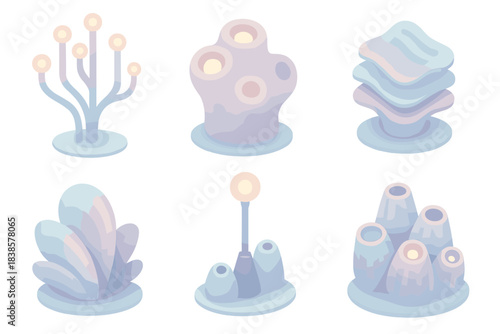 Technological Coral Icons. Isometric vector illustration set Technological coral colonies: branching fiber optics, glowing pores,