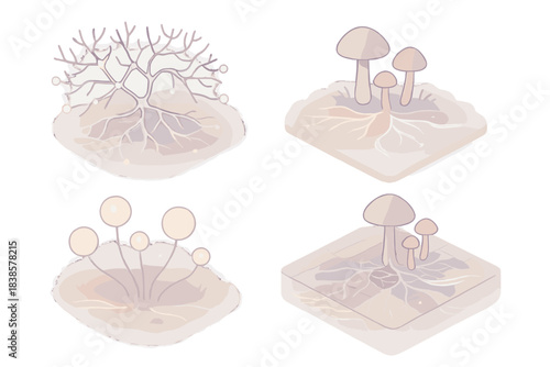 Neural Fungi Mapping. Isometric vector illustration set Neural fungi mapping: interwoven mycelial grid forming digital web, spores