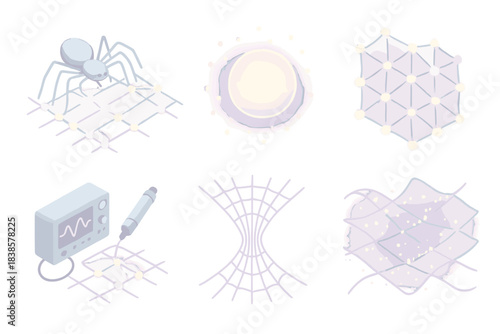 Quantum Silk Interface. Isometric vector illustration set Quantum silk interface: microscopic spider fiber conducting quantum bits