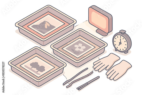 Vintage Darkroom Vibes. Isometric vector illustration set Handmade print station: series of developer trays with paper prints