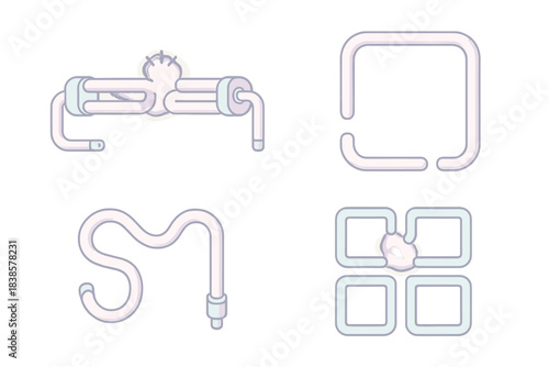 Neon Circuit Shapes. Isometric vector illustration set Broken light emblems: partial neon circuits, luminous gaps, bent tubes,