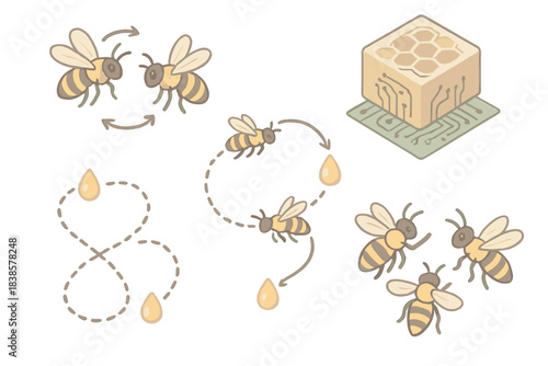 Bee Circuitry Dance. Isometric vector illustration set Pollination algorithm: bees performing coordinated waggle dances, lines