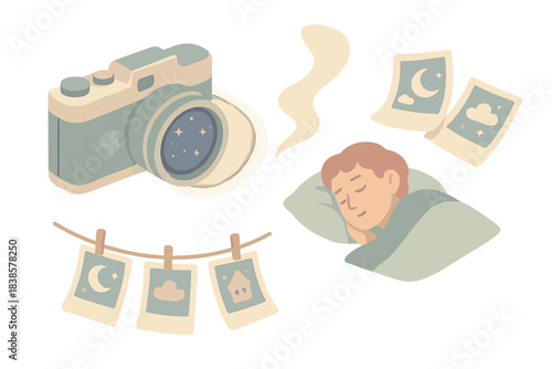 Timeless Dream Photography. Isometric vector illustration set Timeless dream capture: classic film camera aimed at sleeping