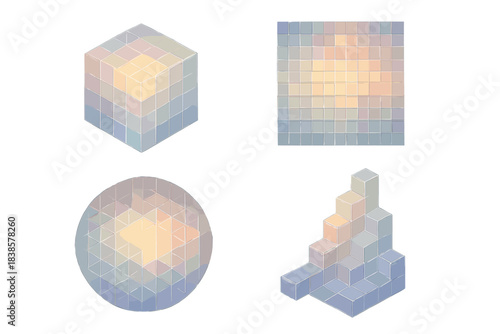 Glowing Pixel Mosaic. Isometric vector illustration set Digital stained luminosity: glowing pixel blocks arranged as modern mosaic
